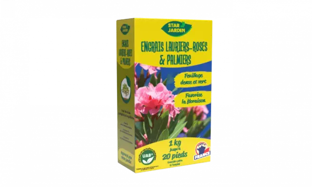 Engrais Star Jardin pour lauriers-roses et palmiers, favorisant un feuillage dense et une belle floraison.