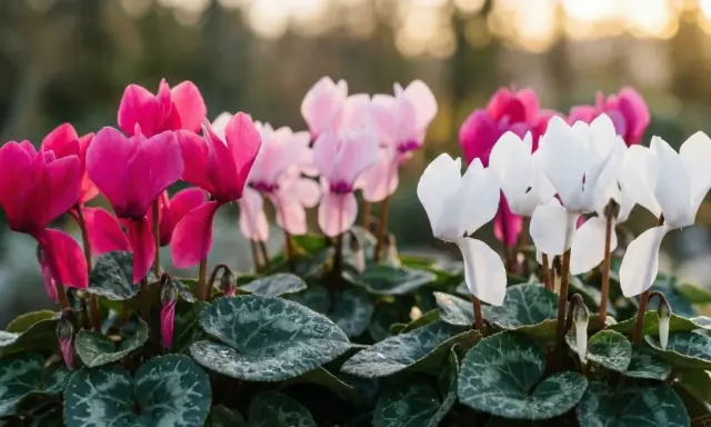 Cyclamens roses, blancs et roses pâles, parfaits pour un entretien facile au jardin.