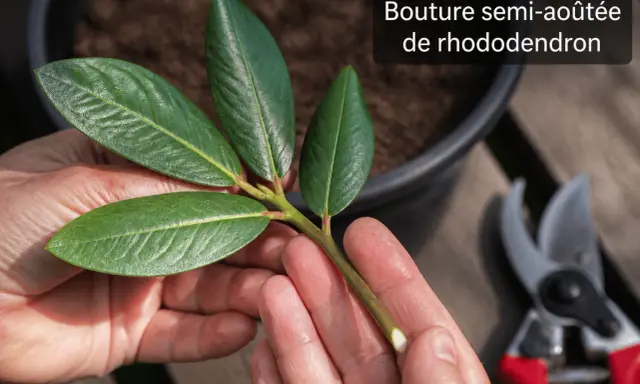 Une bouture semi-aoûtée de rhododendron est tenue dans des mains, prête à être plantée. Des sécateurs sont visibles en arrière-plan.