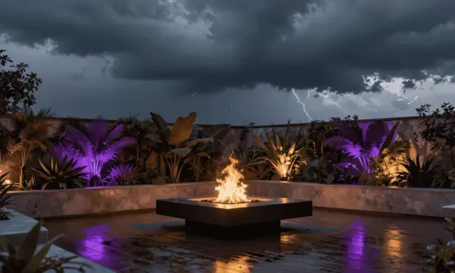 Terrasse tropicale illuminée de lumières violettes et oranges, avec un brasero crépitant sous un ciel d'orage. Le culot ampoule G4 éclaire subtilement les plantes exotiques.