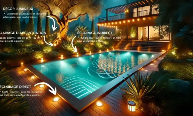 Magnifique piscine illuminée la nuit. Des guirlandes, des spots et des rubans LED créent une ambiance féerique, une belle idée éclairage autour piscine.