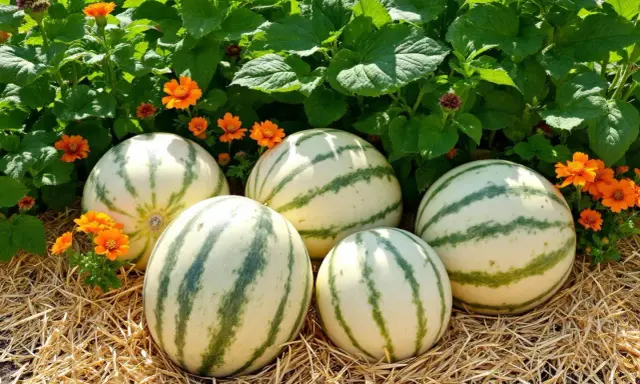 Cinq melons d'eau rayés, prêts à être récoltés, reposent sur de la paille, entourés de fleurs orange vif et de feuillage vert luxuriant. Un beau résultat de planter melon.