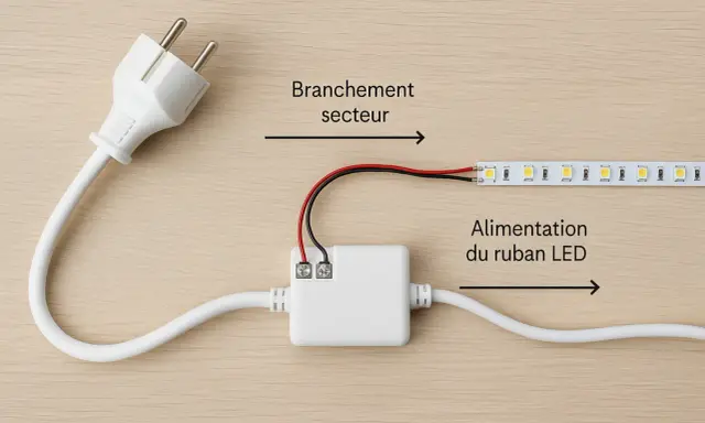 Branchement secteur vers alimentation du ruban LED. Le câble blanc se connecte à un boîtier blanc, puis à un ruban LED.