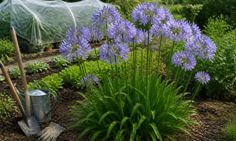 Graines agapanthe en pleine floraison dans un jardin, avec des outils de jardinage à proximité.