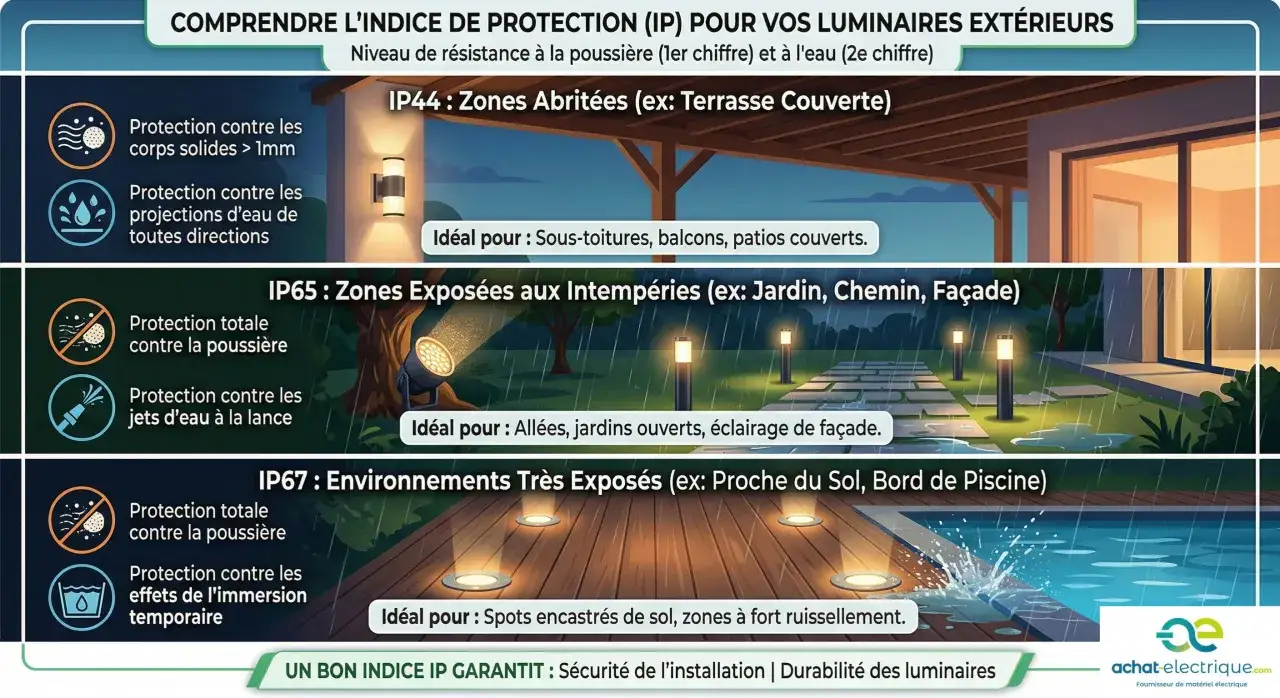 L'indice IP44 signifie protection contre les corps solides > 1mm et les projections d'eau. Idéal pour terrasses couvertes.