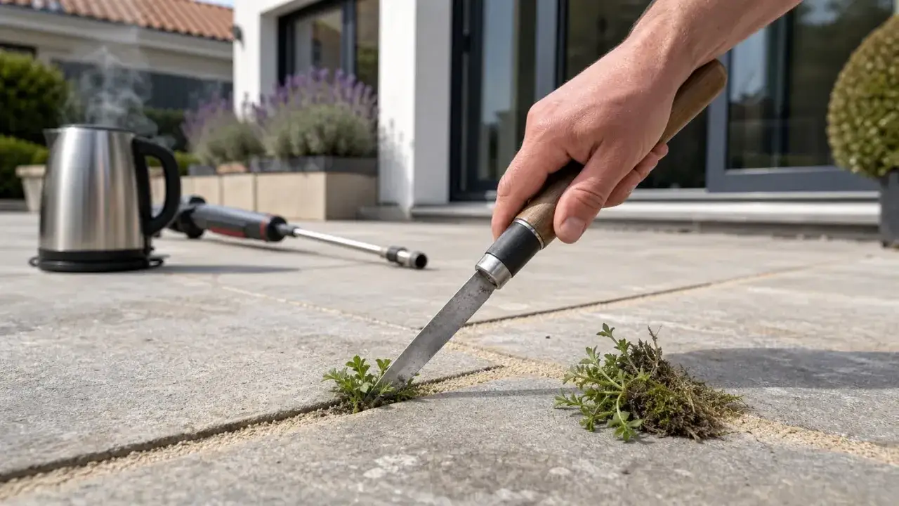 Main d'une personne utilisant un outil pour enlever des mauvaises herbes sur une terrasse. Une bouilloire fumante est posée à côté, suggérant une méthode alternative de désherbage, sans javel désherbant.