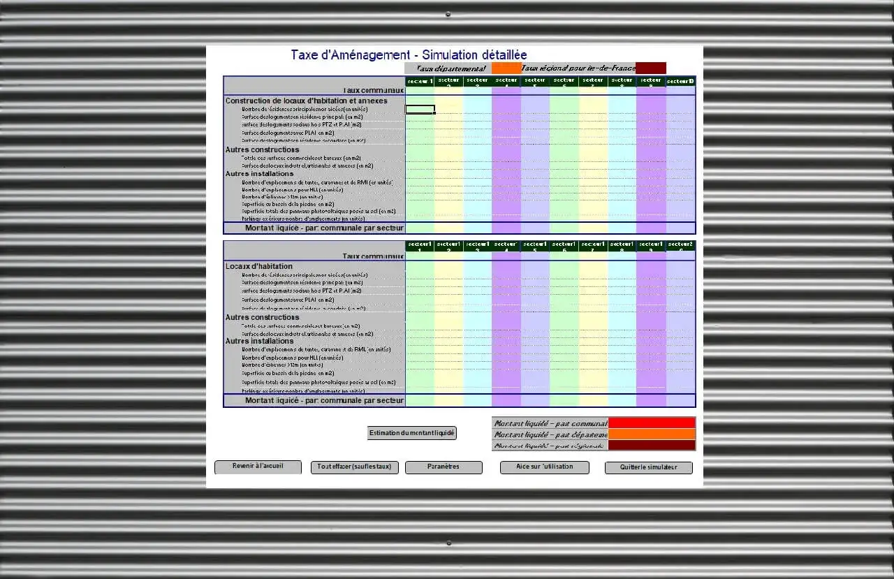 Simulation d&eacute;taill&eacute;e de la taxe d'am&eacute;nagement pour un abri de jardin. Calcul des montants par secteur.