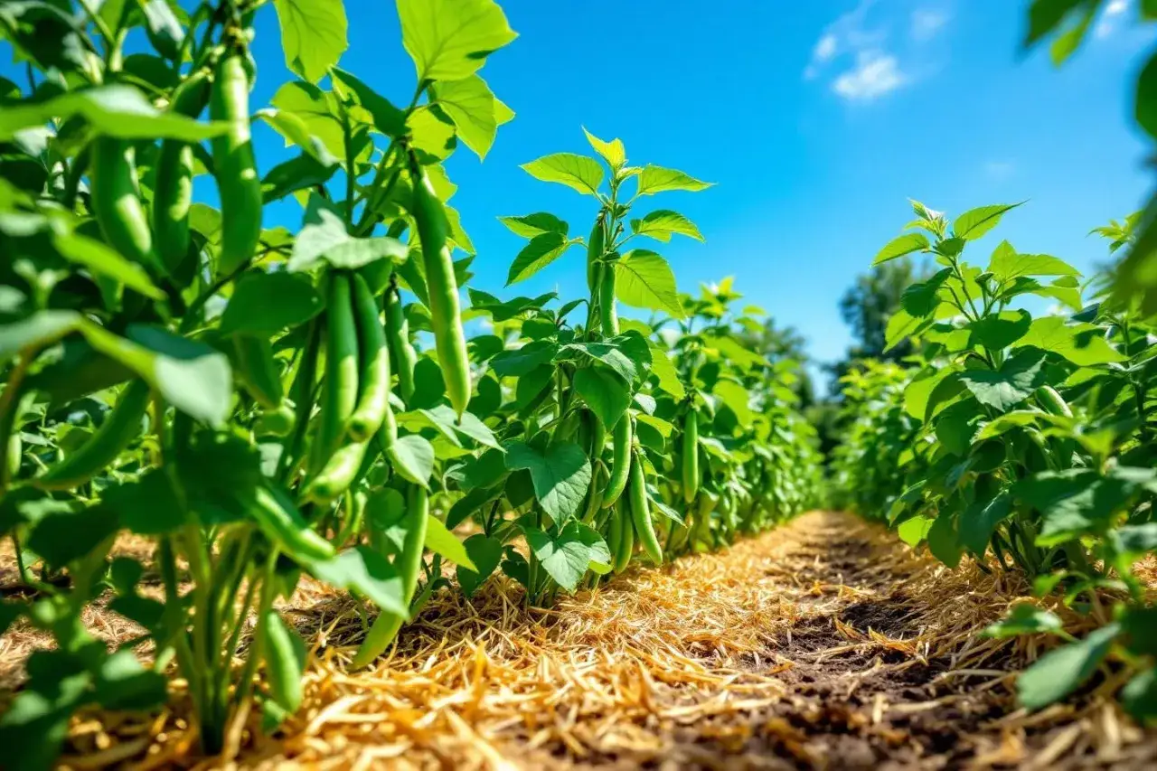 Champ de haricots verts luxuriants sous un ciel bleu. L'arrosage des haricots verts est essentiel pour leur croissance.