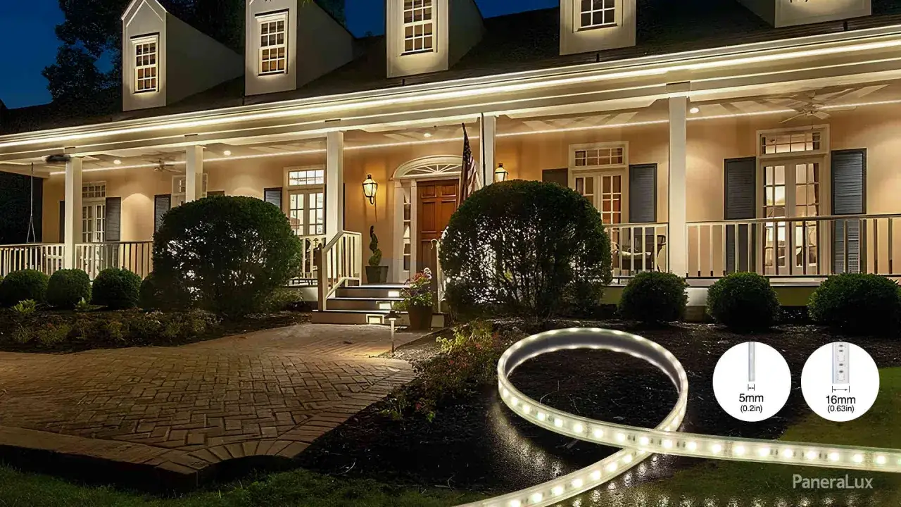 Un porche de maison illumin&eacute; par des bandes LED. Un tableau comparatif ampoules LED montre les dimensions des bandes.