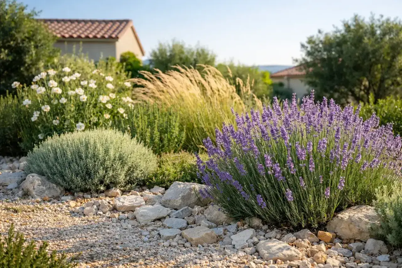 Un jardin méditerranéen avec lavande, graminées et fleurs blanches. Ces plantes plein soleil sans arrosage prospèrent dans ce paysage rocailleux.