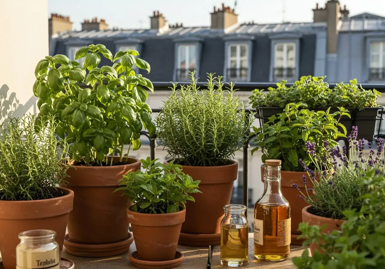 Un balcon parisien avec basilic, romarin, menthe et lavande. Idéal pour savoir quelles plantes aromatiques planter ensemble pour un jardin parfumé.