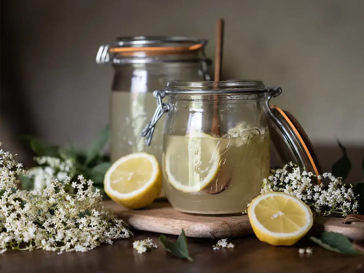 Deux bocaux de purin de sureau, orn&eacute;s de citrons et de fleurs de sureau, pr&ecirc;ts &agrave; &ecirc;tre d&eacute;gust&eacute;s.