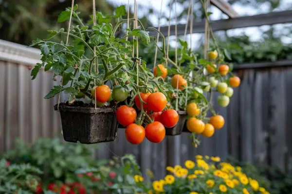 Tomates suspendues mûrissant, une méthode astucieuse pour savoir comment tuteurer les tomates et optimiser l'espace.