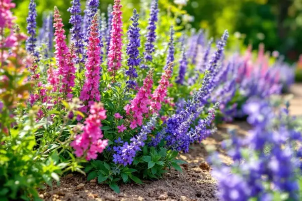 Magnifique parterre de fleurs vivaces plein soleil, avec des épis roses et violets éclatants.