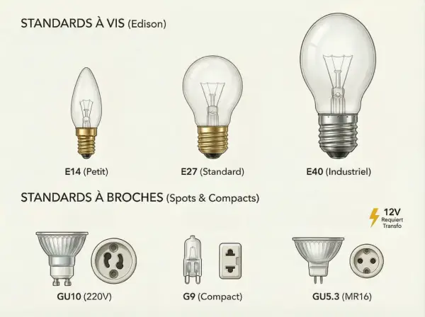 Comparaison des tailles d'ampoules : E14 (petit), E27 (standard) et E40 (industriel). Illustration des standards à vis et à broches.