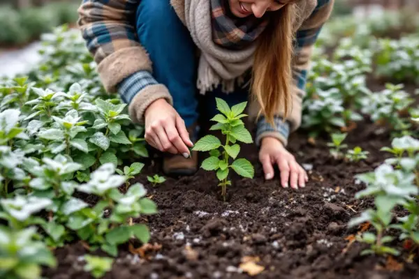 Une femme plante de la menthe dans un jardin. Les feuilles de menthe sont vertes et fraîches, certaines sont saupoudrées de givre.
