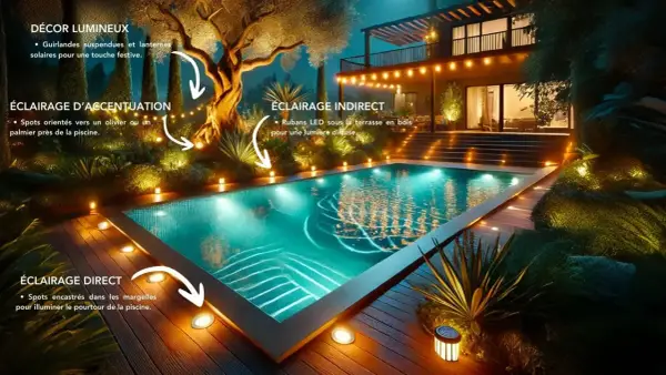 Magnifique piscine illuminée la nuit. Des guirlandes, des spots et des rubans LED créent une ambiance féerique, une belle idée éclairage autour piscine.