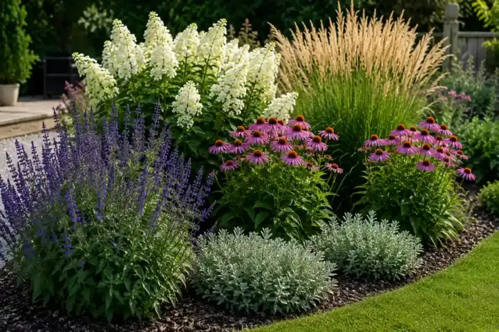 Magnifique parterre de fleurs avec des échinacées roses, des graminées dorées et des sauges bleues.